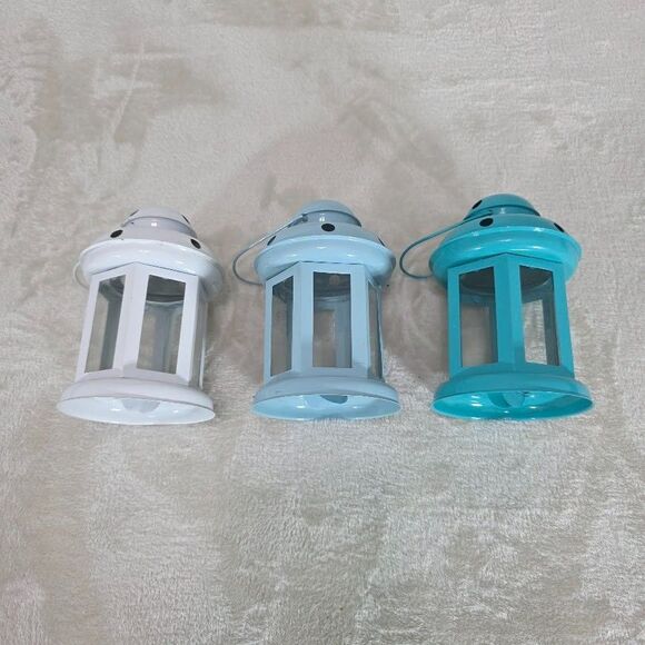 Unbranded Other - Unbranded Lot of 3 Decorative Lanterns Blue Teal White Tea/LED Lights Metal